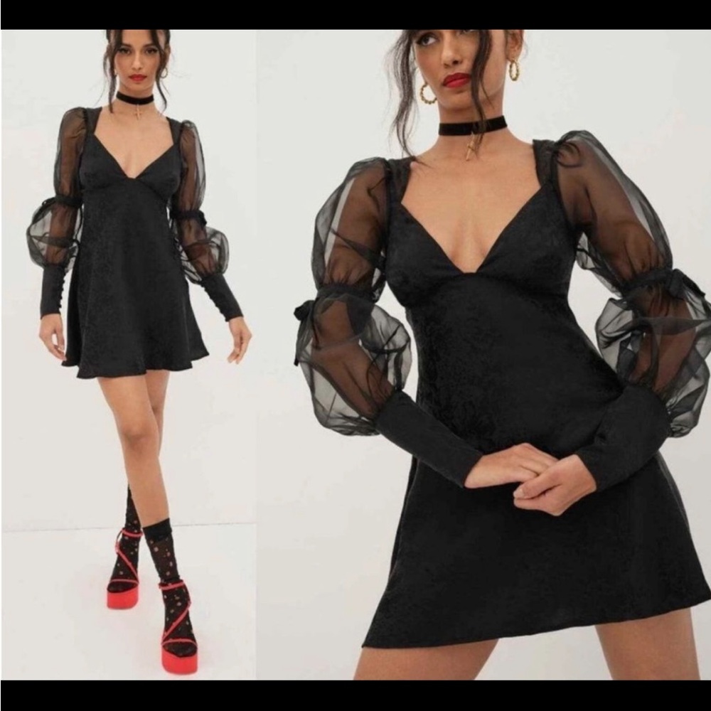 For Love and Lemons Gabrielle Puff Sleeve Mini,Black Sheer Sleeve Dress NWT Sz M